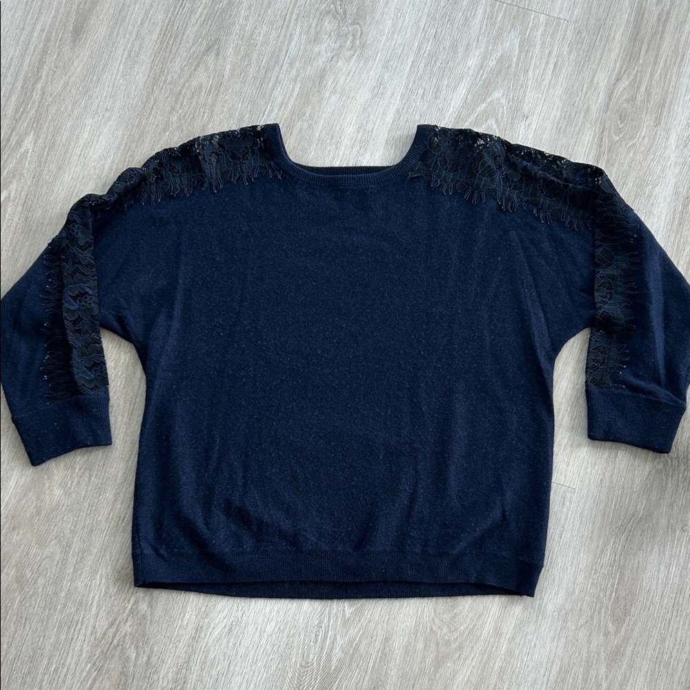 J.Crew Women’s L Navy Cashmere Blend Sweater Lace Sleeve Detail